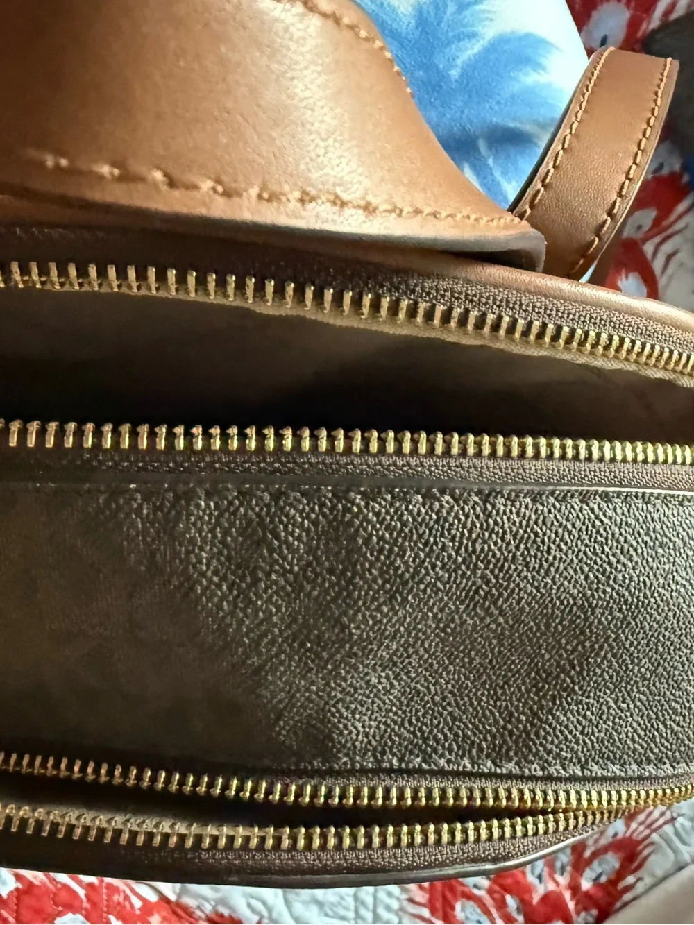 Michael Kors Brown Signature Backpack with Blue-Striped Wallet